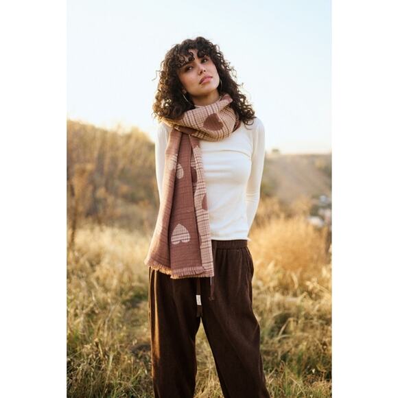 Mello Brown Heart Print Plaid Scarf with Raw Edge - Picture 3 of 5